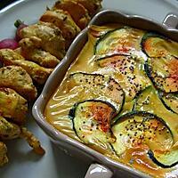 recette Brochette de poulet aux épices et son gratin de pomme de terre&courgettes.