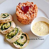 recette Ballotine de filet de poulet au pesto et risotto aux fanes de betterave rouge