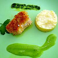 recette LOTTE EN CHAPELURE,PUREE, SAUCE VERTE ET HUILE AUX HERBES