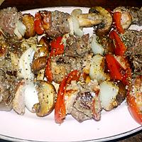 recette Brochettes de boeuf,lard,champignons,poivron rouge,oignon