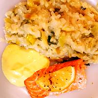 recette Pavé de saumon risotto aux poireaux et sauce hollandaise