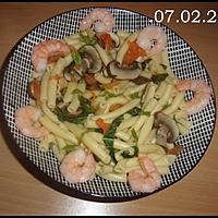 recette Macaroni,champignons,tomate,crevettes au basilic.