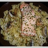 recette Tagliatelle au saumon rose,champignon,à la crème fraiche.