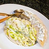 recette LINGUINE/POIREAUX/CRÈME/POULET.