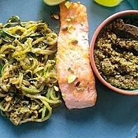 recette  Saumon grillé, julienne de courgettes au pesto d’épinards