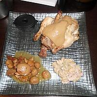 recette Repas du reveillon de noel coquelet farci au marron sauce au foie gras & ses pommes de terre sauter champignon et flageolet vin blanc