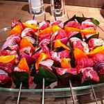 recette Brochettes porc, mandarines, oignons rouges.
