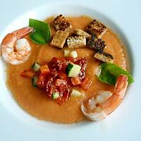 recette Gaspacho aux crevettes, croutons au miel