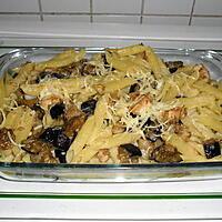 recette gratin de penne au poulet et aubergines(plat complet)