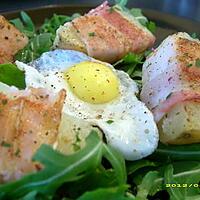 recette roquette aux potatoes lardées et oeufs de caille