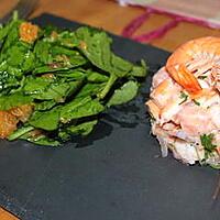 recette Tartare de saumon/crevette revisité accompagné de sa salade de jeunes pousses d'épinards