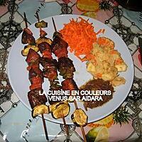 recette BROCHETTES DE FILETS DE SAUMON ET DE LEGUMES(ACCOMPAGNEMENT POMMES DE TERRE SAUTEES+CAROTTES RAPEES)