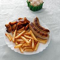 recette Boudins blancs truffés,pommes caramélisées et frites au four.