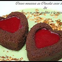recette ** Gâteau saint valentin : Duo de Coeurs mousseux au chocolat, miroir framboise et sa crème anglaise à la pistache et pralin**