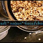 recette ** müesli/ granola maison en dix minutes : flocons d'avoine, billes de quinoa soufflées, noix de coco et chocolat **
